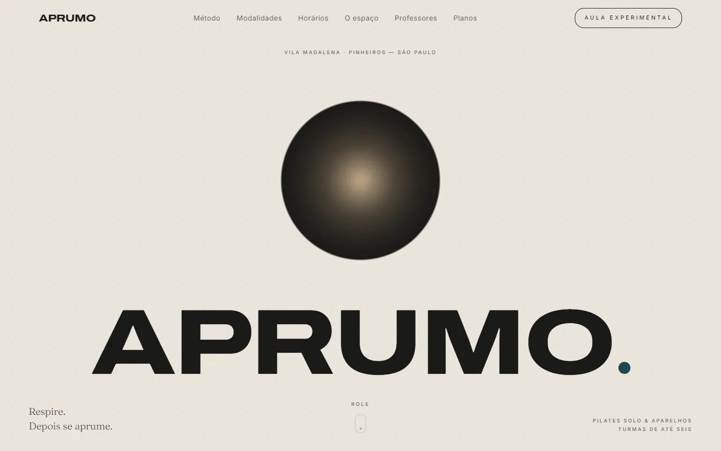 Home screen of the Aprumo Pilates concept project
